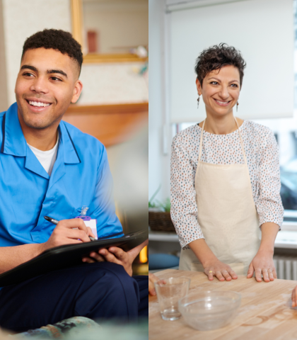 Two images side by side: On the left, a young male healthcare worker in blue scrubs smiles while taking notes, engaging with an elderly man. On the right, two women in aprons are enjoying a cooking class, one is squeezing a lemon while both are smiling and laughing.