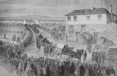 A sketch showing coffins being pulled by horses post-Hartley disaster