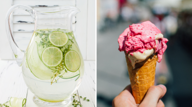 Two photos of a cucumber, lime and elderflower cooler and a strawberry ice cream in a cone