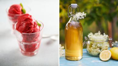 Two photos of two scoops of raspberry sorbet in a glass and another of a glass bottle of apple and elderflower cooler