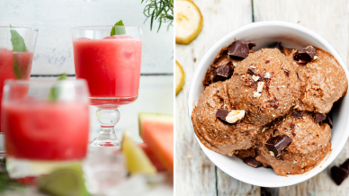 Two photos of a watermelon cooler in a glass and another of a bowl of chocolate banana ice cream with chocolate chunks