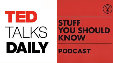Two images: one of the TED Talks Daily podcast logo and the Stuff You Should Know podcast