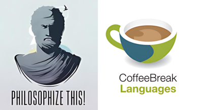 Two images: one of the Philosophize this! poster which has a light grey background with a drawing of a non-descript Roman bust. The second is a poster for CoffeeBreak Languages which has an animation of a coffee mug with coffee in it. THe mug is painted light great and teal blue. The title is int he foreground with the title Languages in the same light green colour.