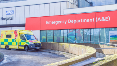 NHS ambulance outside emergency department of hospital