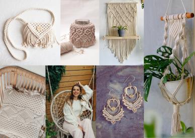 Various macramé wall hangings and plant hangers displayed against a neutral background, showcasing their intricate knots and designs, popular in modern home decor and DIY projects.