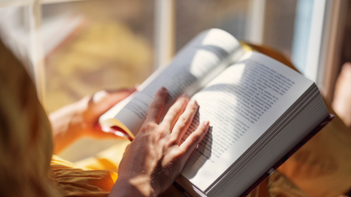A person is reading a book by a sunlit window. Sunlight streams through the window, casting gentle shadows on the open pages and the reader's hands, creating a warm and cozy atmosphere.